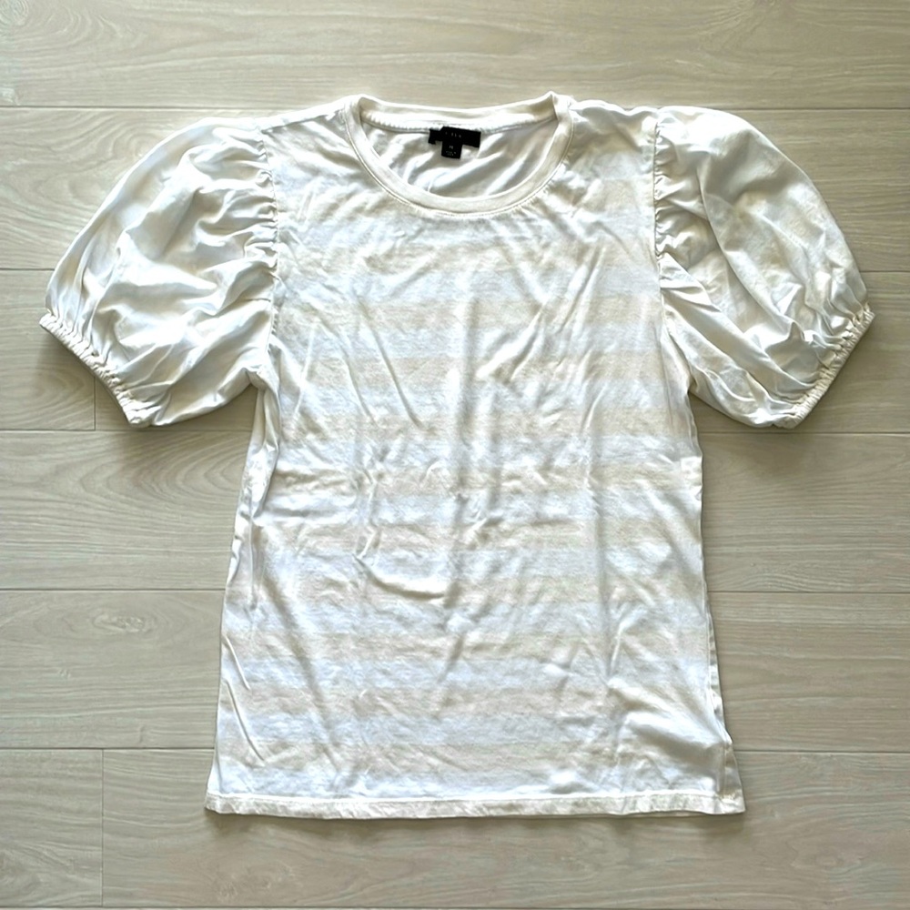 J. Crew Beige & White Stripe Tee w/ Puffer Sleeves